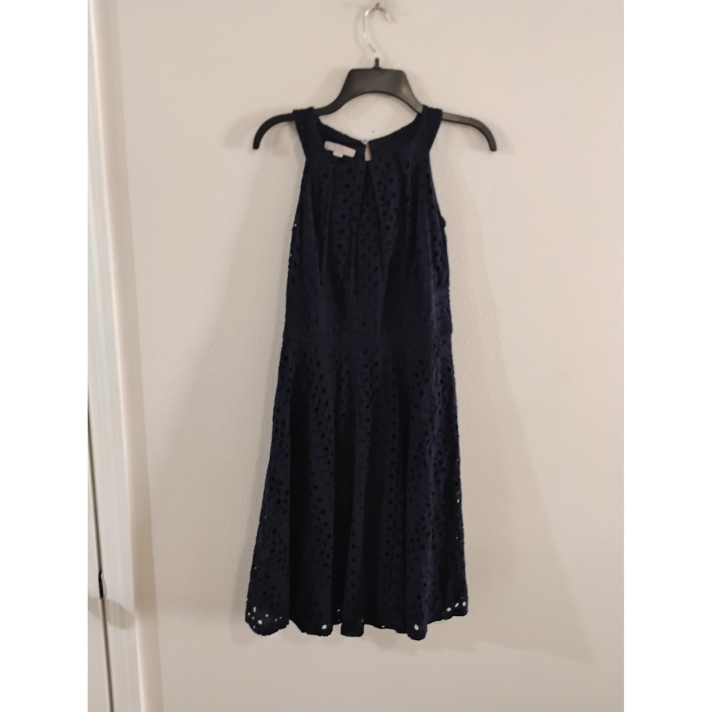 Dress Barn Navy Blue Eyelet Lace Halter Dress Fit Flare Scalloped Hem Size 4